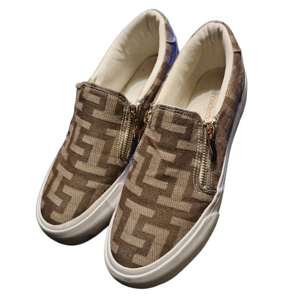 Show Dazzle- Beige Monogram Slip-On Sneakers w/ Side Zip Detail